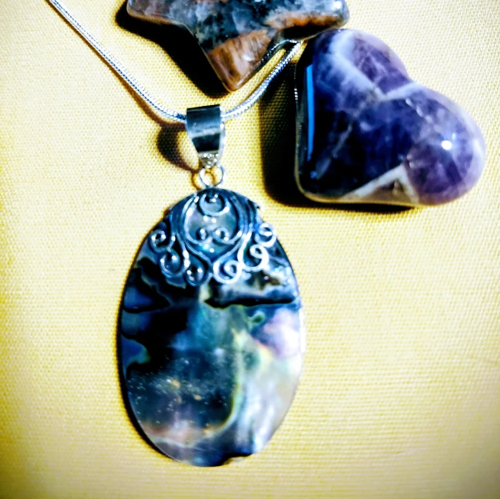 MOTHER/DAUGHTER SET ABALONE STERLING PENDANT. 2- NECKLACE $42./16 & 18 INCH. CH